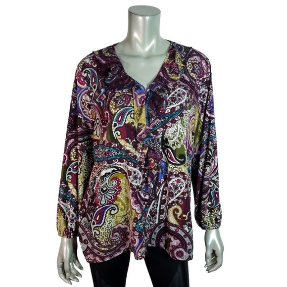 Chico's Tops - Chico's Top Size XL Petite Paisley Ruffle Stretch Long Sleeve Casual Multi